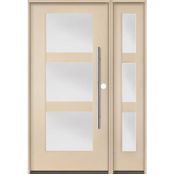 Krosswood Doors Modern Faux Pivot 50 in. x 80 in. 3-Lite Left-Hand/Inswing Satin Glass Unfinished Fiberglass Prehung Front Door with RSL
