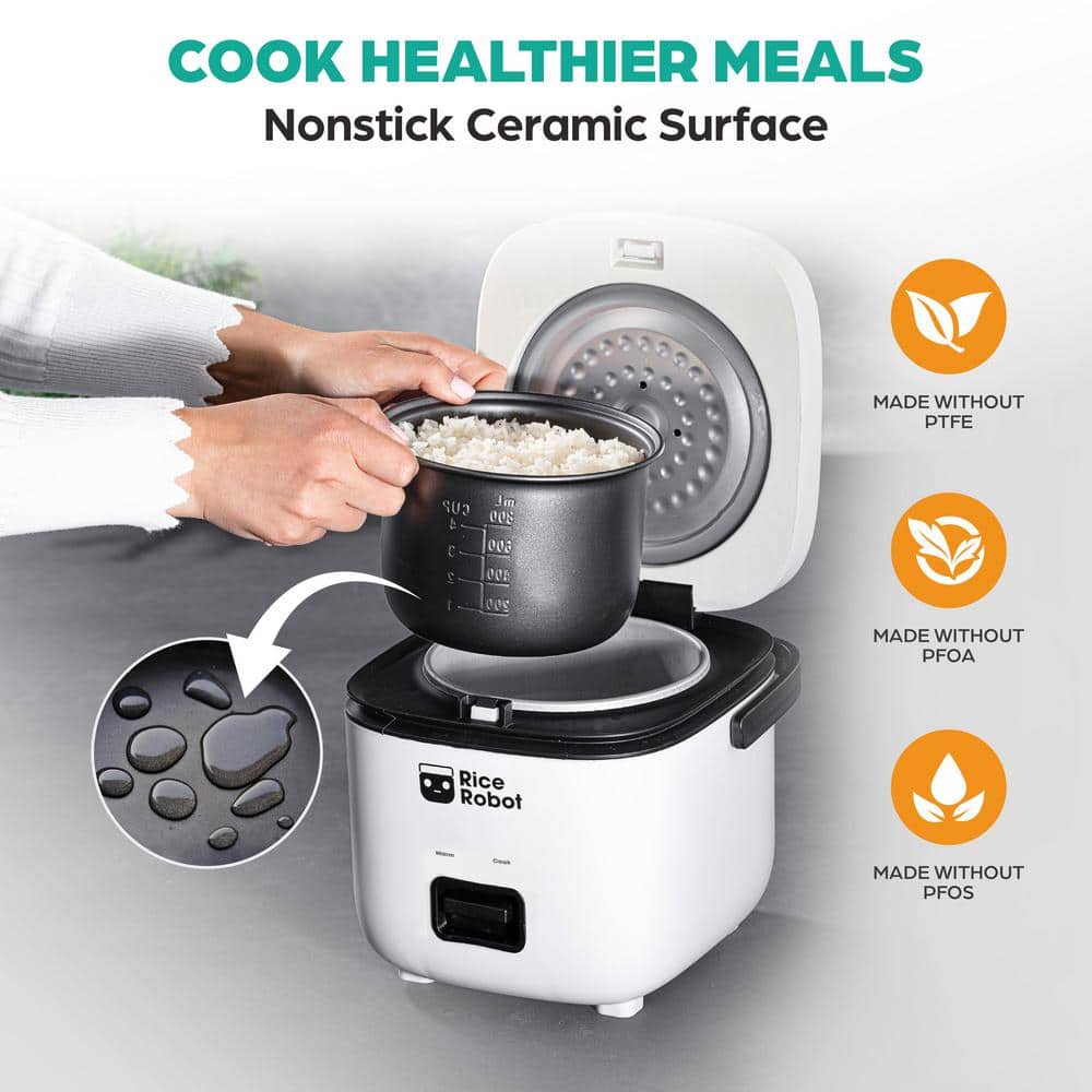 Compact White Electric Rice Cooker with Nonstick Pot and Steamer