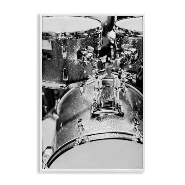 Stupell Industries Drum Set Black and White by Jennifer Rigsby White Framed Music Giclee Art Print 30 in. x 20 in.