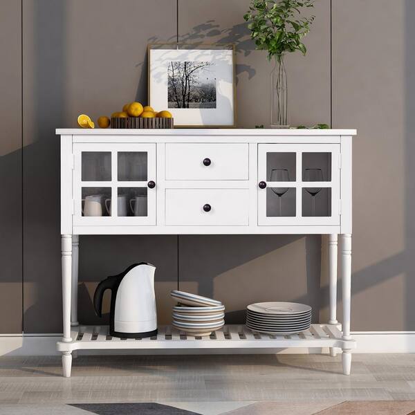 White buffet table with shop storage