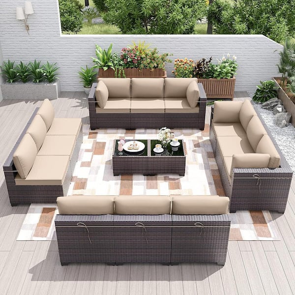Halmuz 14-Piece Brown Wicker Outdoor Sectional Set with Glass Coffee Table and Sand Cushions, Patio Chat, PE Rattan