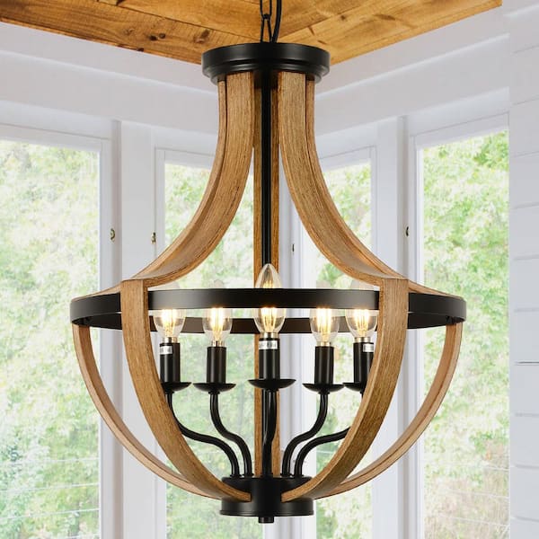 FIRHOT 5-Light Natural Wood Grain Finish Semi-Globle Farmhouse Chandelier, Ceiling Light with Adjustable High