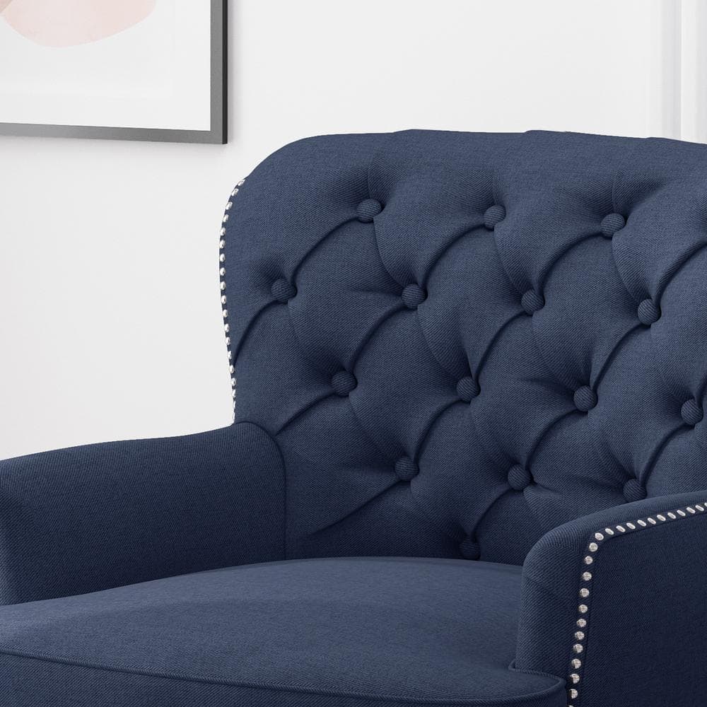 Dark Brown and Blue Handcrafted Wood Club Chair with Flared Arms