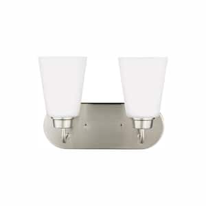 Kerrville 12 in. 2-Light Brushed Nickel Traditional Transitional Bathroom Vanity Light with Satin Glass and LED Bulbs