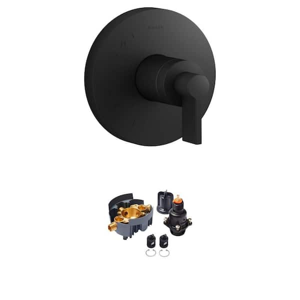 Rite-Temp Matte Black Shower Valve Trim Kit with Lever Handle and Pressure-Balancing Valve Body Combo