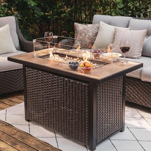 43 in, 50,000 BTU Brown Rectangle Wicker Outdoor Propane Gas Fire Pit Table with Glass Fire Pit Wind Guard