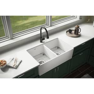 Fireclay 33in. Farmhouse/Apron-Front 2 Bowl  White Fireclay Sink w/ Accessories