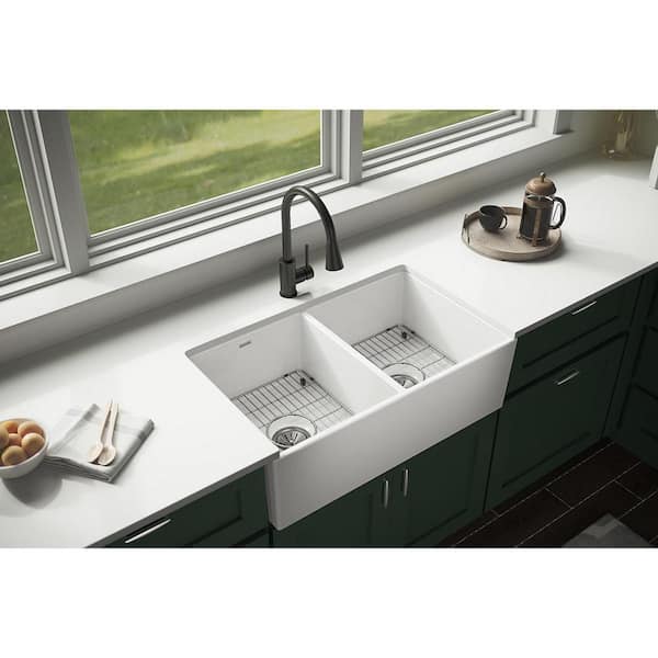 Fireclay 33 in. Farmhouse/Apron-Front Double Bowl White Fireclay Kitchen Sink Kit w/ Accessories
