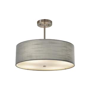 Textile Classic 3-Light Brushed Nickel Drum Pendant with Gray Linen Fabric Shade