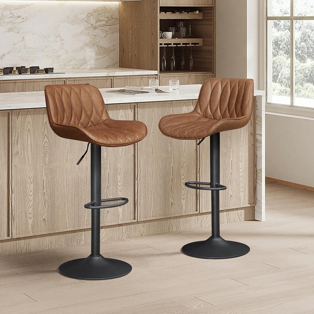Tan Faux Leather Adjustable Swivel Bar Stools with Metal Frame