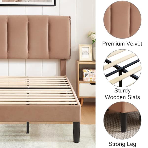 Upholstered Bed Frame Brown Metal Frame Queen Platform Bed with Adjustable Headboard Wood Slat No Box Spring Needed