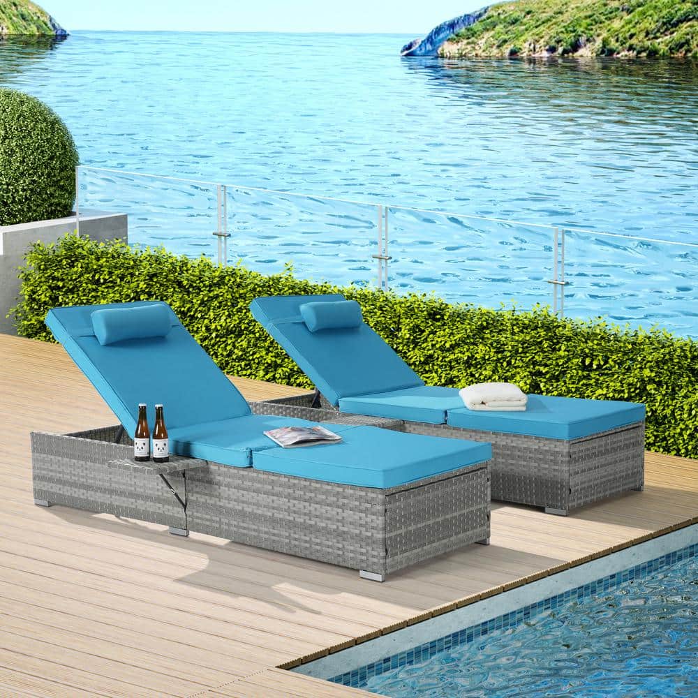 2-Piece Wicker Outdoor Chaise Lounge with Cushions, Sofa PE Rattan Furnitur