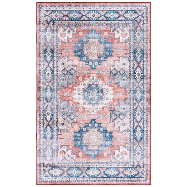 SAFAVIEH Arizona Blue/Rust 9 ft. x 12 ft. Distressed Border Ornate Machine Washable Area Rug