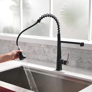 Single Handle Deck Mount Gooseneck Pull Down Sprayer Kitchen Faucet with Handles in Black