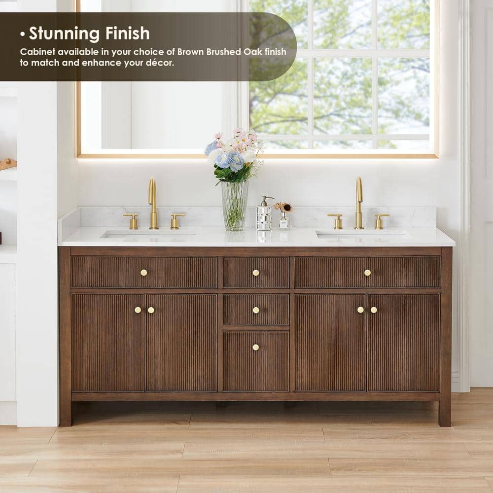 Cerrito 72" Brown Oak Double Sink Vanity with White Stone Top