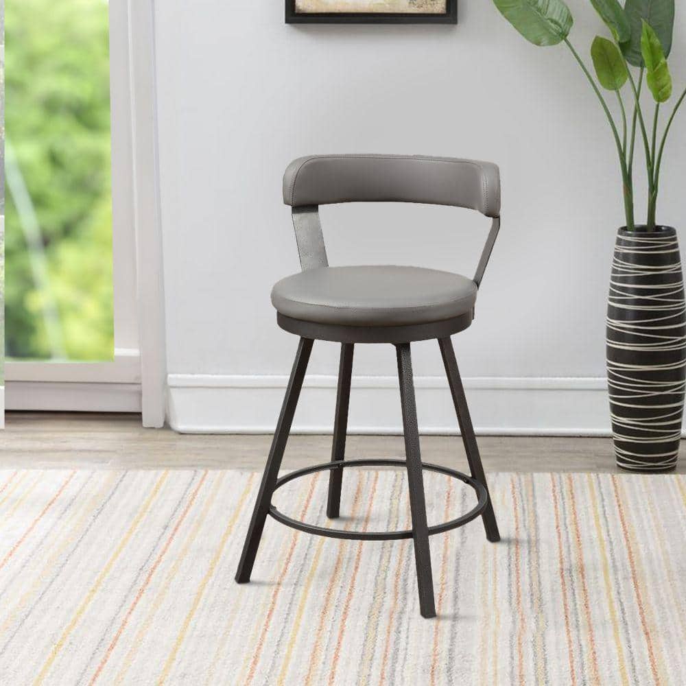 Gray Faux Leather Swivel Counter Stools with Metal Base, Set of 2