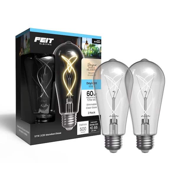 60W Equiv. ST19 Dim. Knot Thin White Filament Clear Glass E26 Vintage Straight Tapered LED Light Bulb, Daylight (2-Pack)