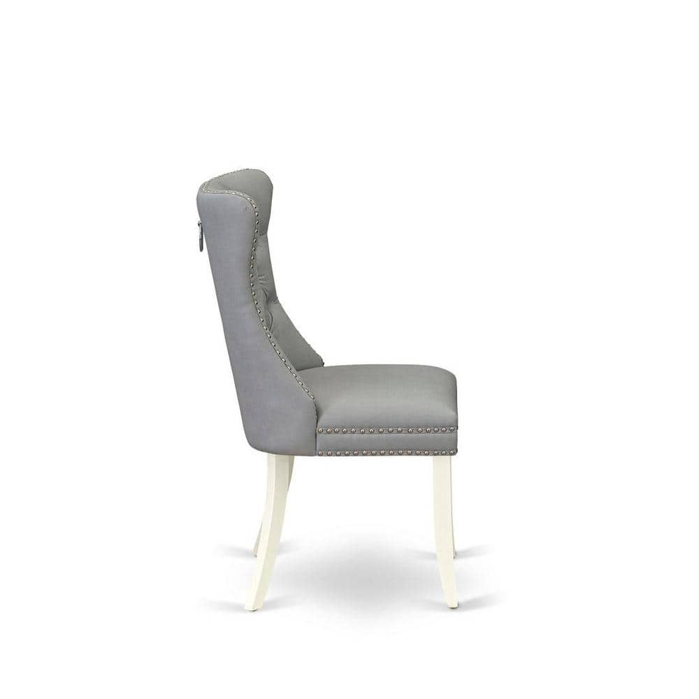Linen White Round Pedestal Dining Table with 4 Gray Upholstered Parson Chairs