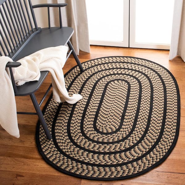 Braided Beige/Black 8 ft. x 10 ft. Oval Border Area Rug