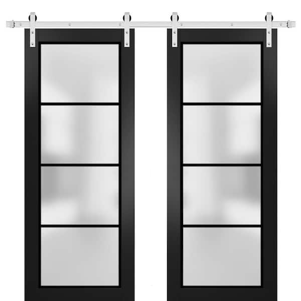 Sartodoors 24 in. x 96 in. 2 Panel Frosted Glass Black Matte Solid Wood Sliding Barn Door with Hardware Kit