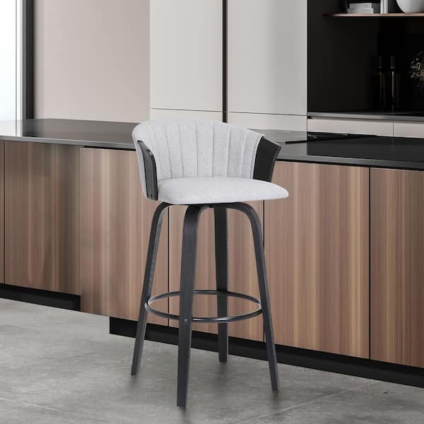 Armen Living Diana Swivel 26 in. Light Grey, Black Wood Counter Stool with Light Grey Fabric Seat