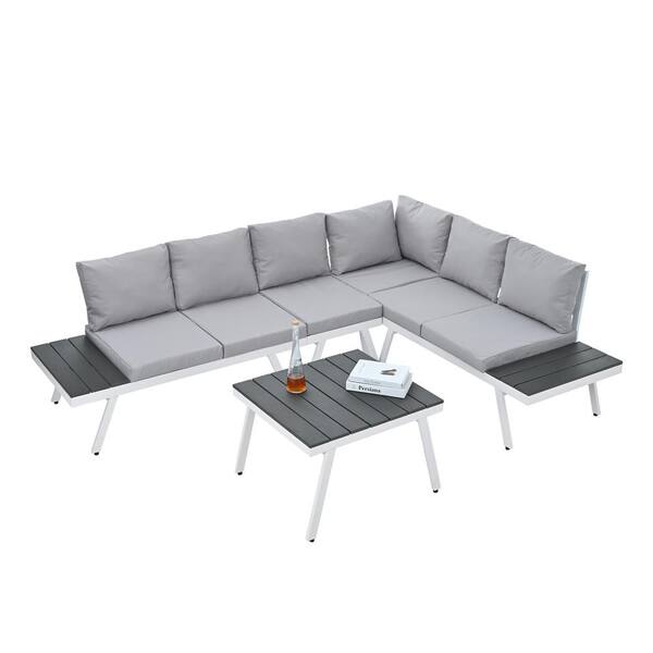 Zeus & Ruta Industrial Garden 5-Piece Aluminum Patio Conversation Set with Grey Cushions, Tables, Coffee Table and Furniture Clips