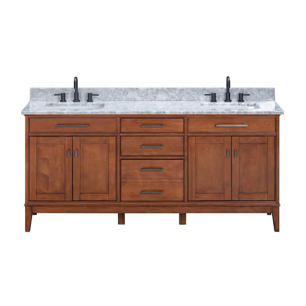 Madison 73 in. Double Sink Tobacco Bath Vanity with Carrara White Marble Top