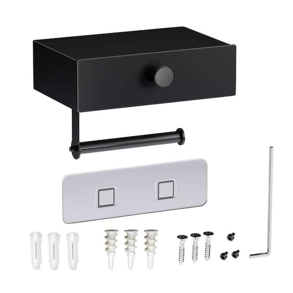 Wall-Mount Toilet Paper Holder in Matte Black with Drawer, Self Adhesive Toilet Paper Roll Holder with Storage