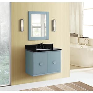 Stora 31 in. W x 22 in. Wall Mount Bath Vanity in Aqua Blue with Granite Vanity Top in Black with White Rectangle Basin