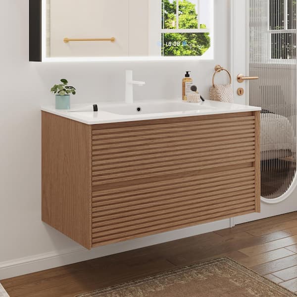 36 in. W Floating Bathroom Vanity in Brown Walnut with White Ceramic Top