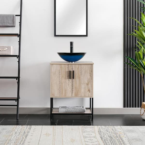 eclife 24 in. W x 20 in. D x 31.5 in. H Freestanding Bath Vanity in Oak with 1-Turquoise Vessel Ceramic Top with ORB Faucet