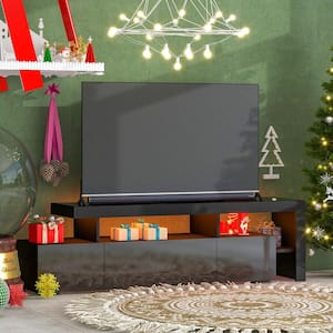 73.20 in. Black Modern Style LED Lights TV Stand with UV High Gloss Surface and DVD Shelf, Fits TV's up to 70 in. TV