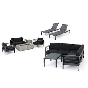 Cape Coral Grey 11-Piece Aluminum Patio Fire Pit Sectional Seating Set with Dark Grey Cushions
