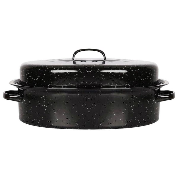 18.3 in. Black Enamel Carbon Steel Roaster Pan with Lid Nonstick Surface Oven Safe Cookware 1 Piece