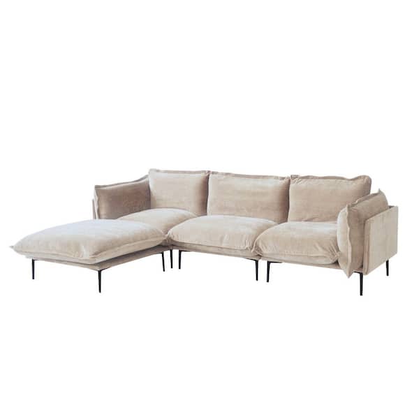 111.02 in. Square Arm 4-Piece Cloud Velvet L-Shaped Down Feather Oversized Sectional Sofa with Ottoman in. Light Brown