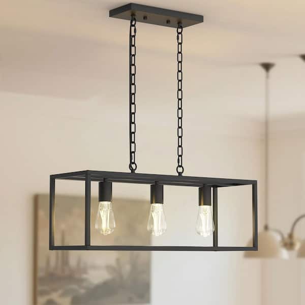 Modern Industrial 3-Light Rectangular Island Pendant Light Chandelier in Matte Black with E26 Base for Dining Room