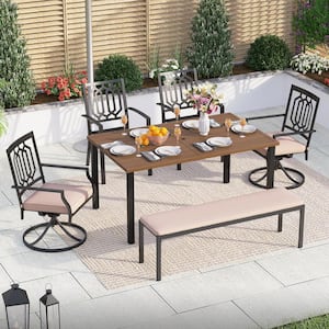 Black 6-Piece Metal Patio Outdoor Dining Set with Wood-Look Rectangle Table and Fashion Chairs with Beige Cushion