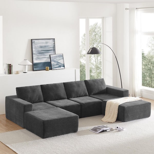 110 in. Square Arm Chenille U-Shaped Modular Sectional Sofa in Dark Gray with Ottomans, No Assembly Required