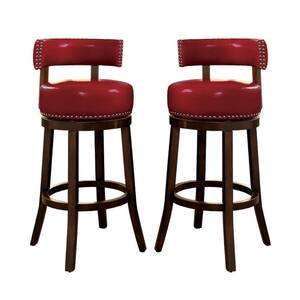 29 in. Dark Oak and Red Low Back Wooden Frame Bar Stool with Leather Seat(Set of 2)