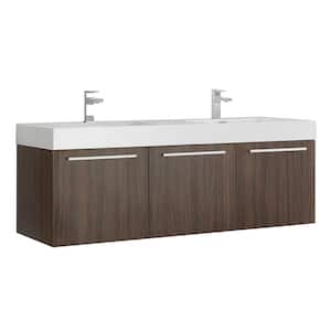 Vista 60 in. Modern Wall Hung Bath Vanity in Walnut with Double Vanity Top in White with White Basins