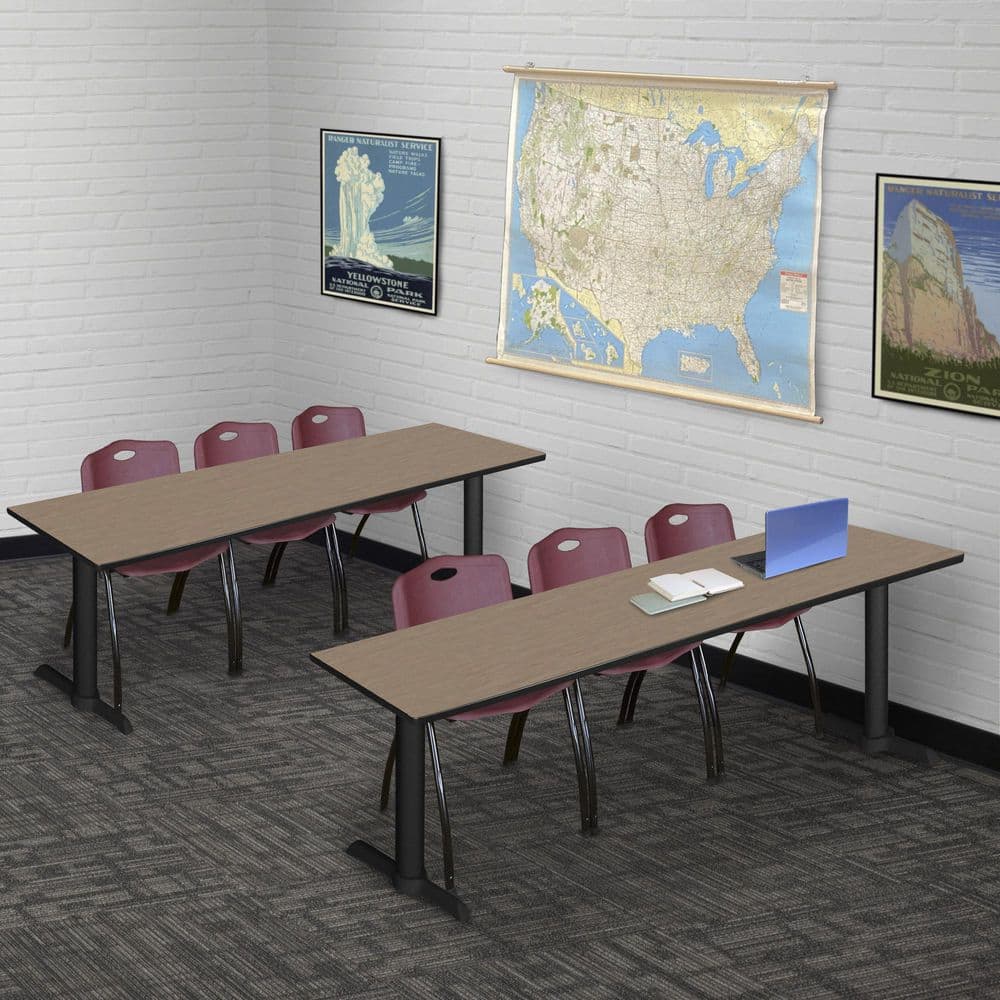 Cain 84 in x 24 in. Noble Oak T-Base Training Seminar Table Desk and 3 M Stack Chairs-Burgundy
