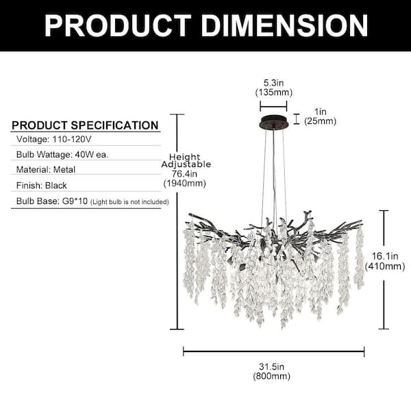 YANSUN 32 in. 10-Light Black Tree Branch Crystal Chandelier Round