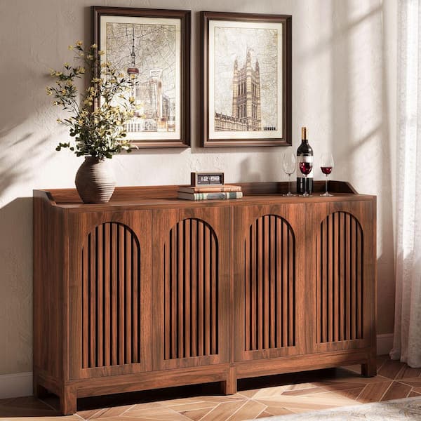 Brown Wood 57 in. Buffet Cabinet with Adustable Shelves, Farmhouse Sideboard for for Dining Room, Kitchen