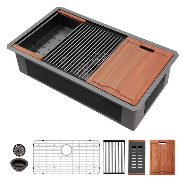 33 in. Undermount Single Bowl 16-Gauge Gunmetal Black Stainless Steel Workstation Kitchen Sink with Colander/Accessories