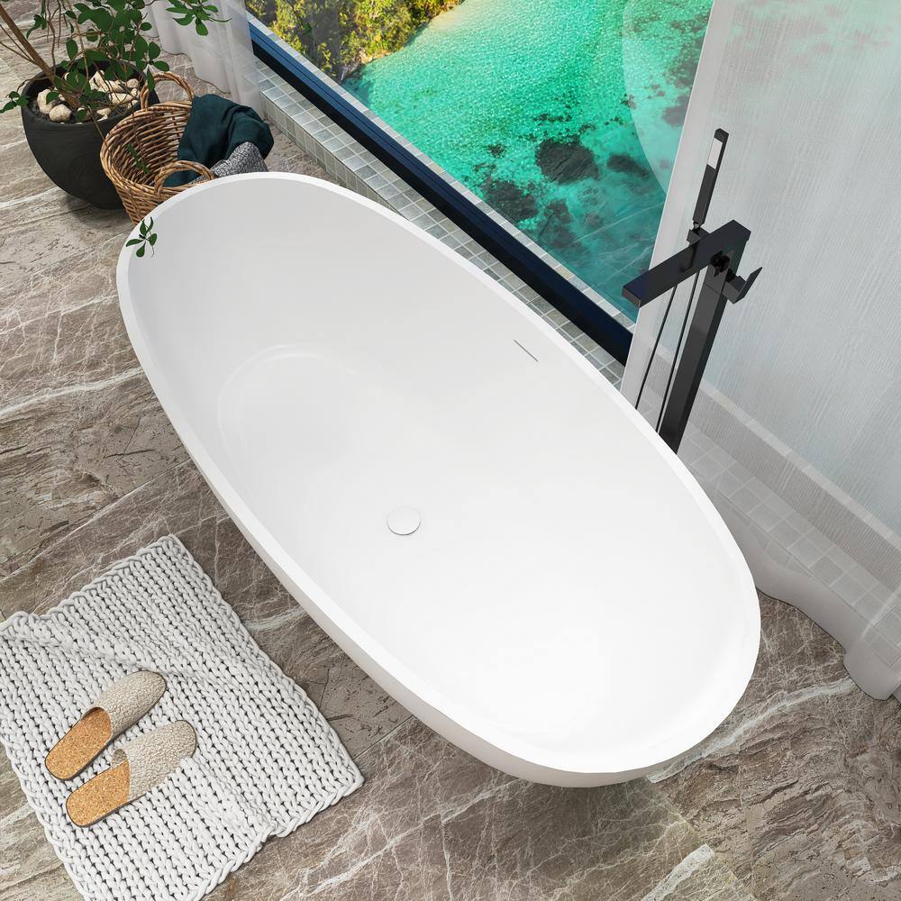 65" Matte White Stone Resin Freestanding Soaking Bathtub