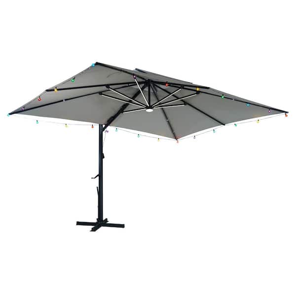 10 ft. x 13 ft. Aluminum LED Light Cantilever Patio Umbrella in Gray with Hook