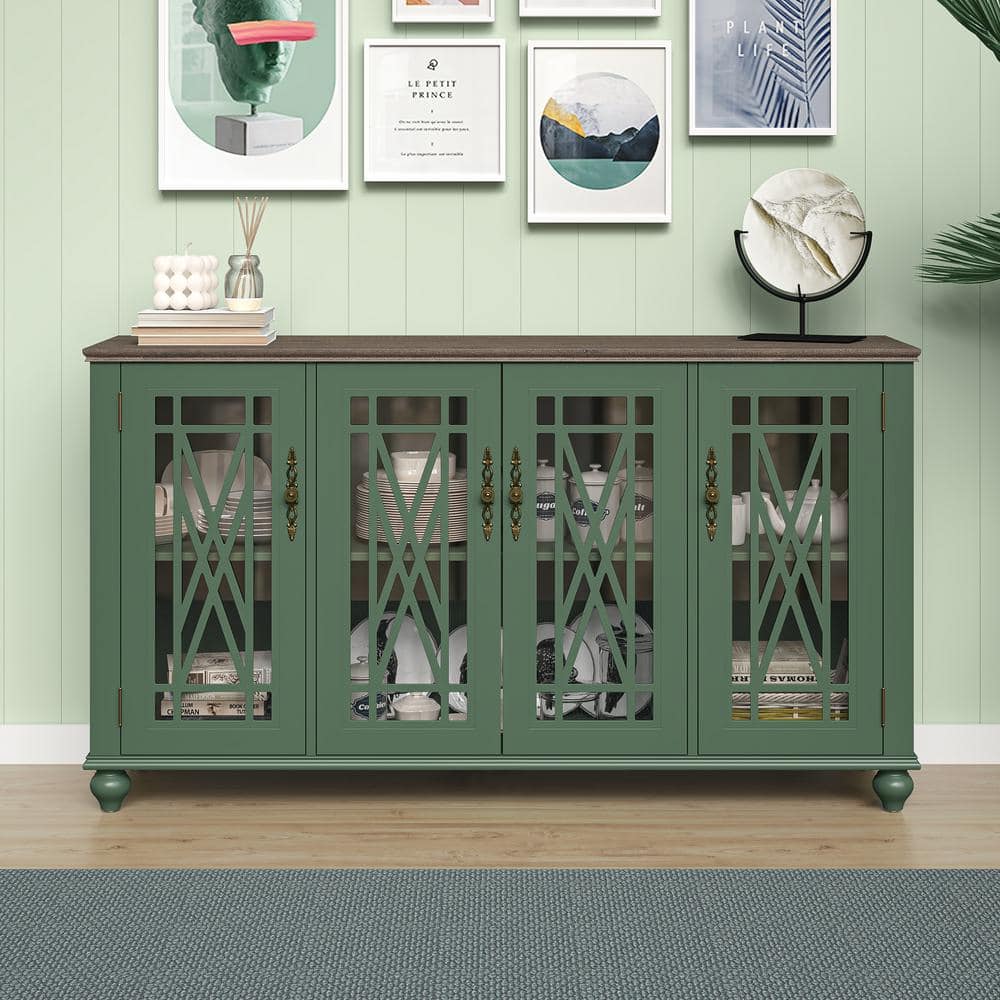 Green Vintage Style Wood Buffet Sideboard Cabinet with Glass Doors