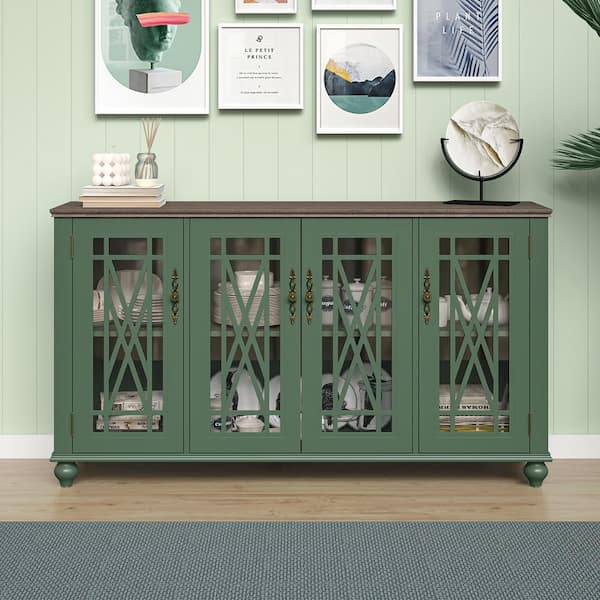 FESTIVO Vintage Green MDF 63 in. Storage Buffet Sideboard with Floral Design Doors