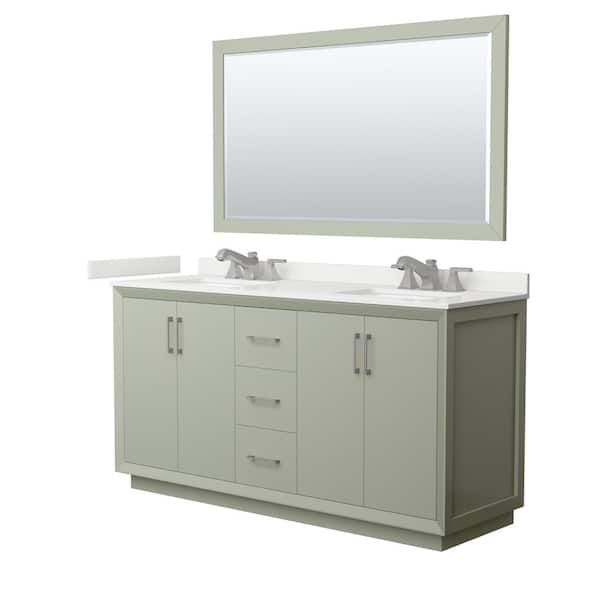 Wyndham Collection Strada 66 in. W x 22 in. D x 35 in. H Double Bath Vanity in Light Green with White Quartz Top and 58 in. Mirror