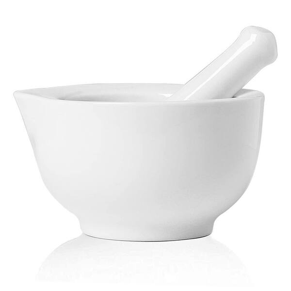 Glazed Ceramic Mortar and Pestle Set, Heavy Duty Grinder for Herbs Garlic Spices, Easy to Clean Kitchen Tool in White
